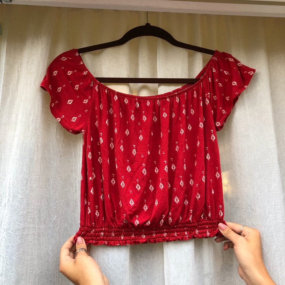 H&M Coachella Ad. Red and White Printed Crop Top